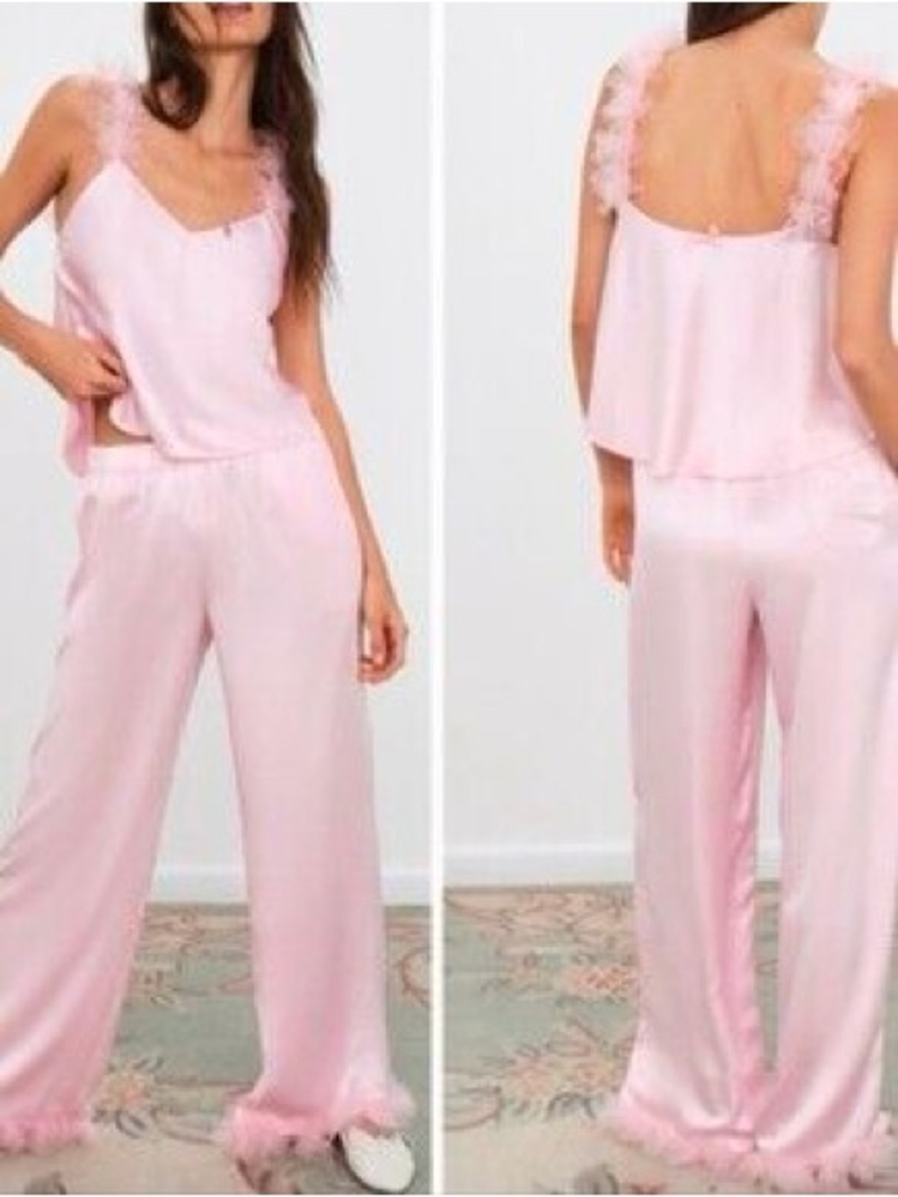 For Love And Lemons Blush Pink Satin Camisole & Feather-Trim Pajama Pants